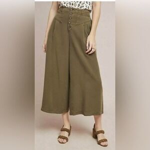 Anthropologie Olive Green Lyocell Linen Wide Leg Cropped Culottes Pants Size XS
